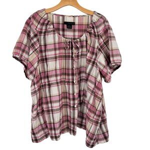 Calvin Klein Jeans Plaid  Blouse size 3X Pink  Brown Cotton Blend Women's